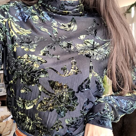 Vtg Sno Skins Green Blue Velvet Burnout Floral Long Sleeve Turtleneck Sz L - Picture 2 of 5